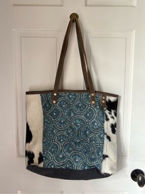 Myra Bag Blue Patterned Tote with Cowhide Accents and Brown Straps
